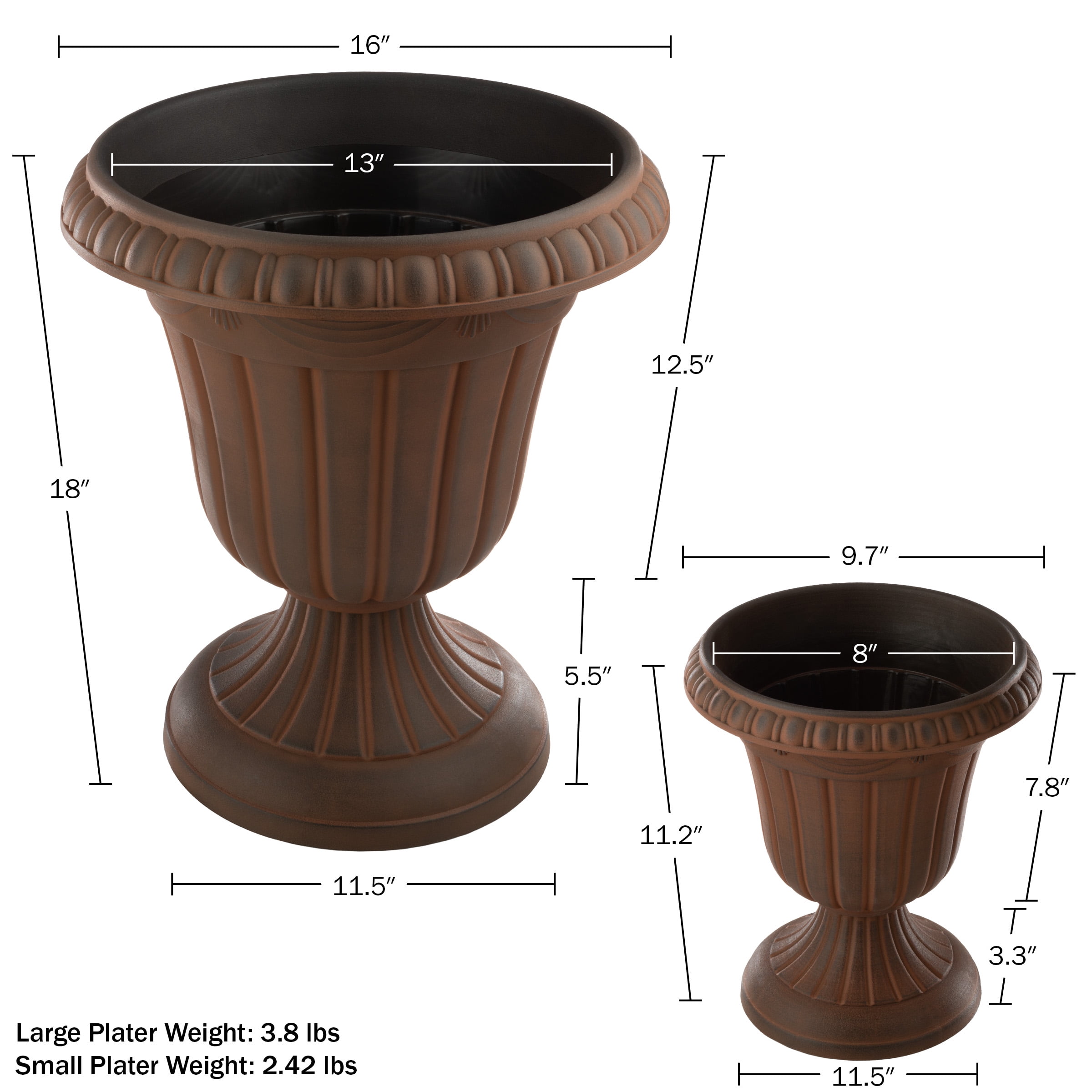 Pure Garden Large and Small Outdoor Urn Planter 2-Pack, Brown