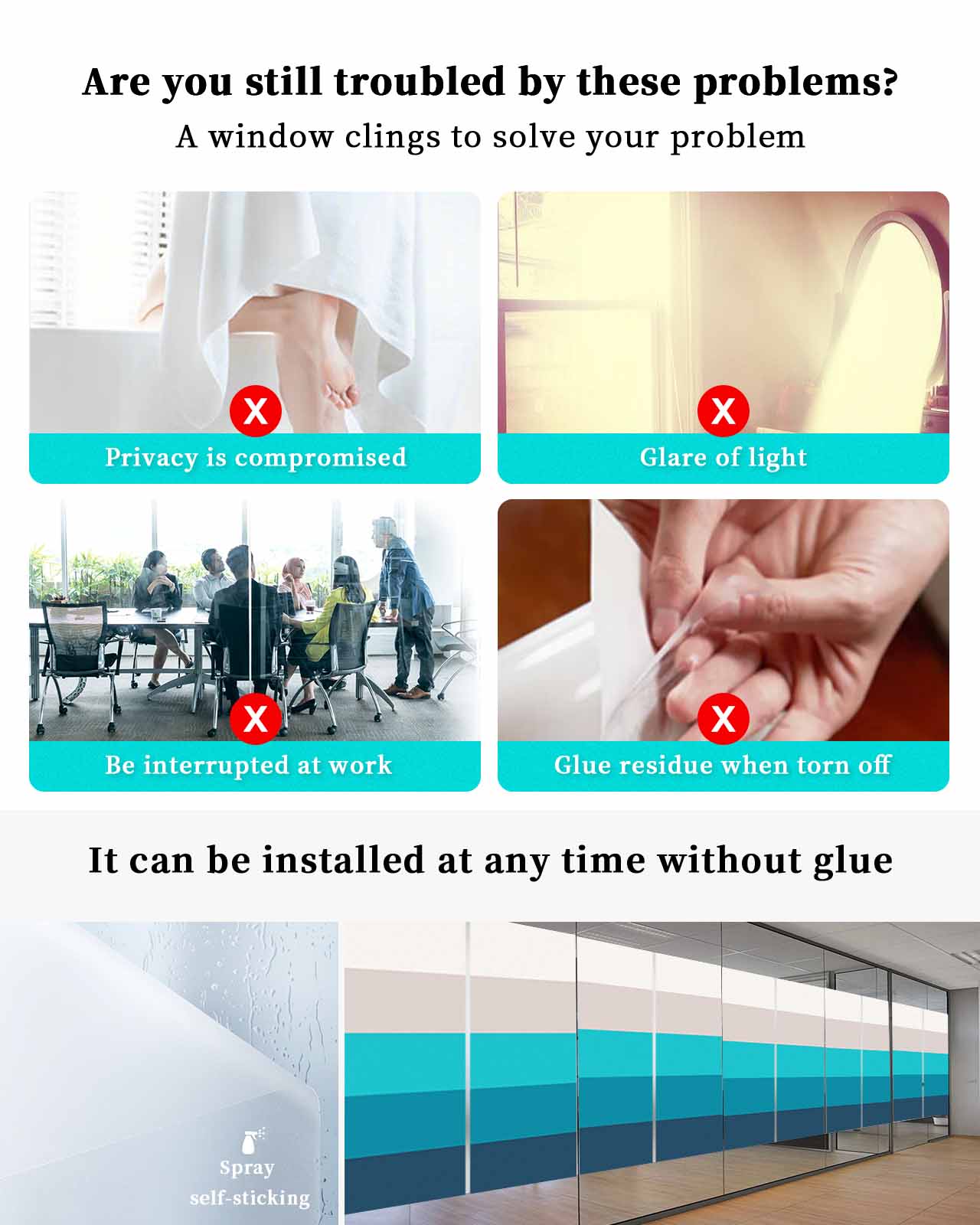 Window Privacy Film, Ombre Black Aqua UV Sun Blocking Window Tint Film Heat Control One Way Blackout Window Film, Simple Modern Farmhouse Stripes Non Adhesive Static Cling Window Sticker 19.6x39.3 In