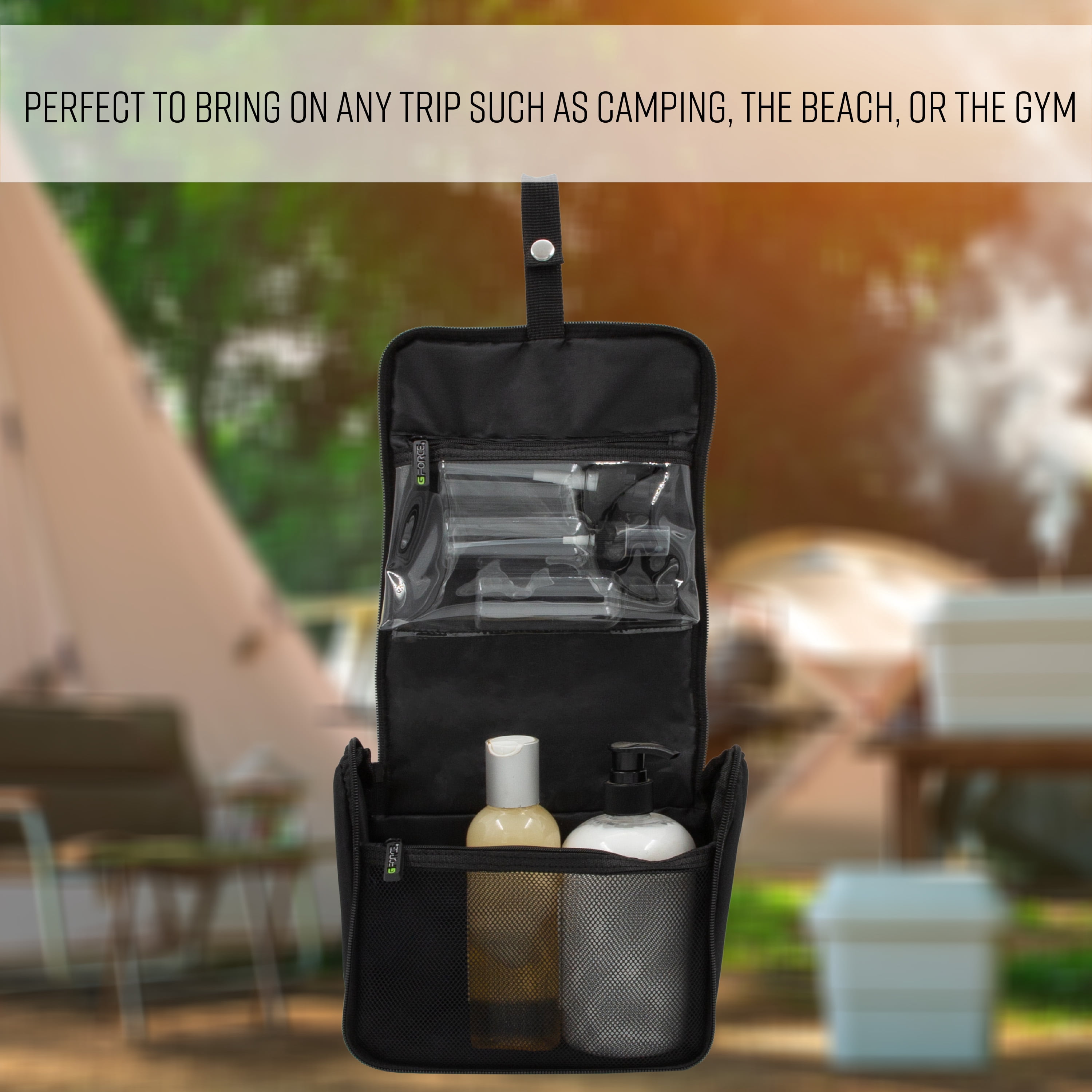 G-Force RPET Hanging Toiletry Bag Set with 3 Piece Clear Refillable Travel Bottles, Black