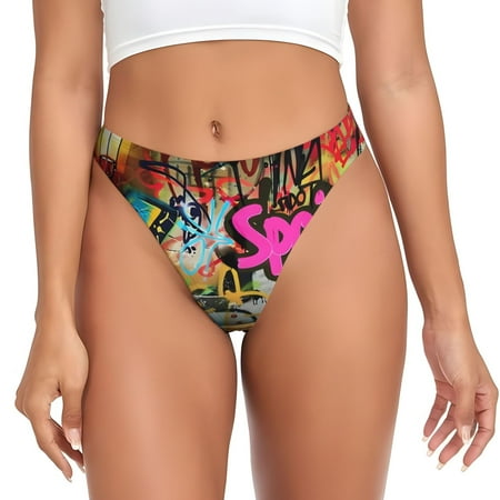 Qokaie Graffiti Lamp Urban Scene Printed Women s Cotton Thong Underwear  Sexy Breathable Panties G-string-Large