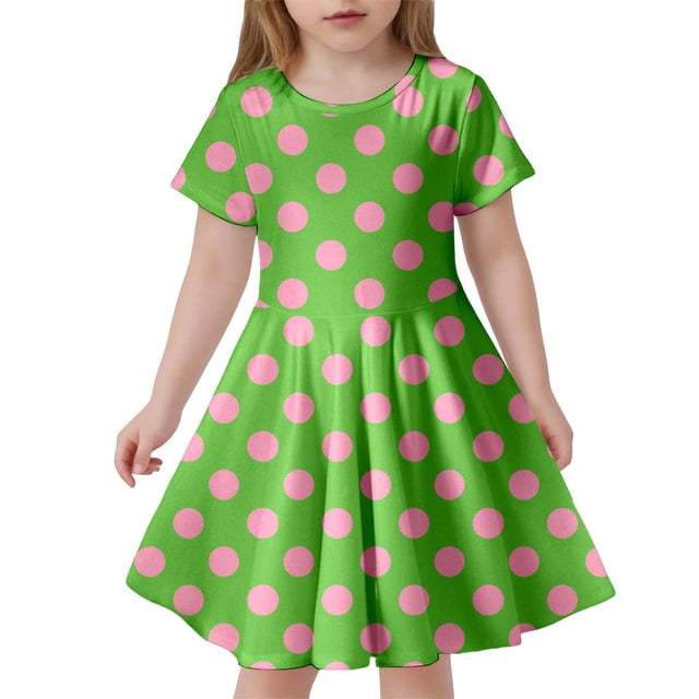 Robe Fille à Manches Courtes, Robes d'Été pour Filles, Robe Trapèze à Volants, Robe Évasée à Pois pour Filles, Robe Chic
