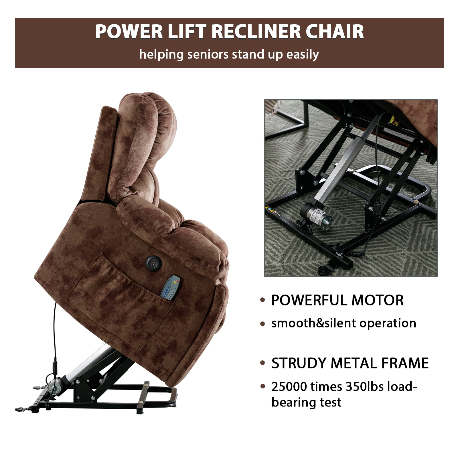 Bonzy Home Power Lift Recliner,Elderly Lift Chair with Heat Therapy and Massage Function,Remote Control,Side Pocket Cup Holders,Living Room, Brown