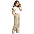 thumbnail image 4 of Cargo Pants for Girls Wide Leg High Waist Parachute Pants with Pockets & Drawstrings (Khaki 5-6 Years), 4 of 6