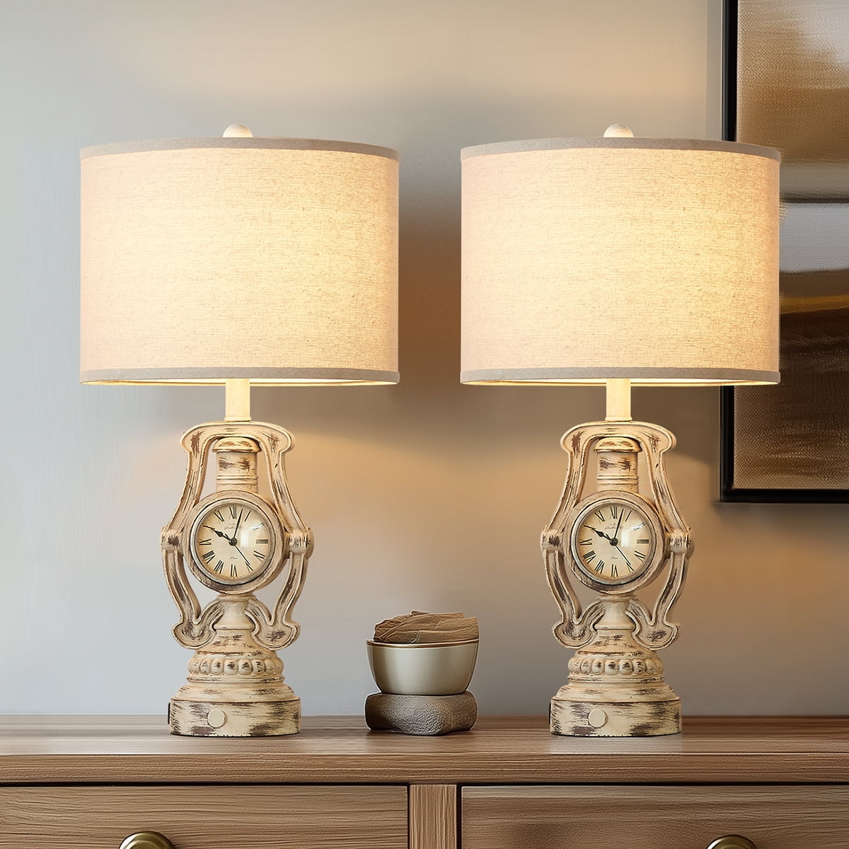 RORIA 25” White Resin Clock Table Lamps Set of 2, Featuring Touch-Controlled Three-Level Dimming and USB-C & A Charging Ports, With a Round Linen Lampshade, Suitable for Living Rooms and Bedrooms