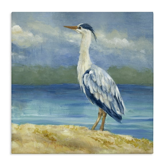 Stupell Industries Heron on Cloudy Beach Nautical & Beach Painting Wrapped Canvas Art Print Wall Art, 17 x 17