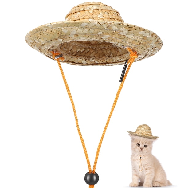 Popetpop Pet Sombrero Sombrero de paja Ajustable Hawaii Jardín Sun Cordillo gorra para perros pequeños Cats de perrito Tamaño S