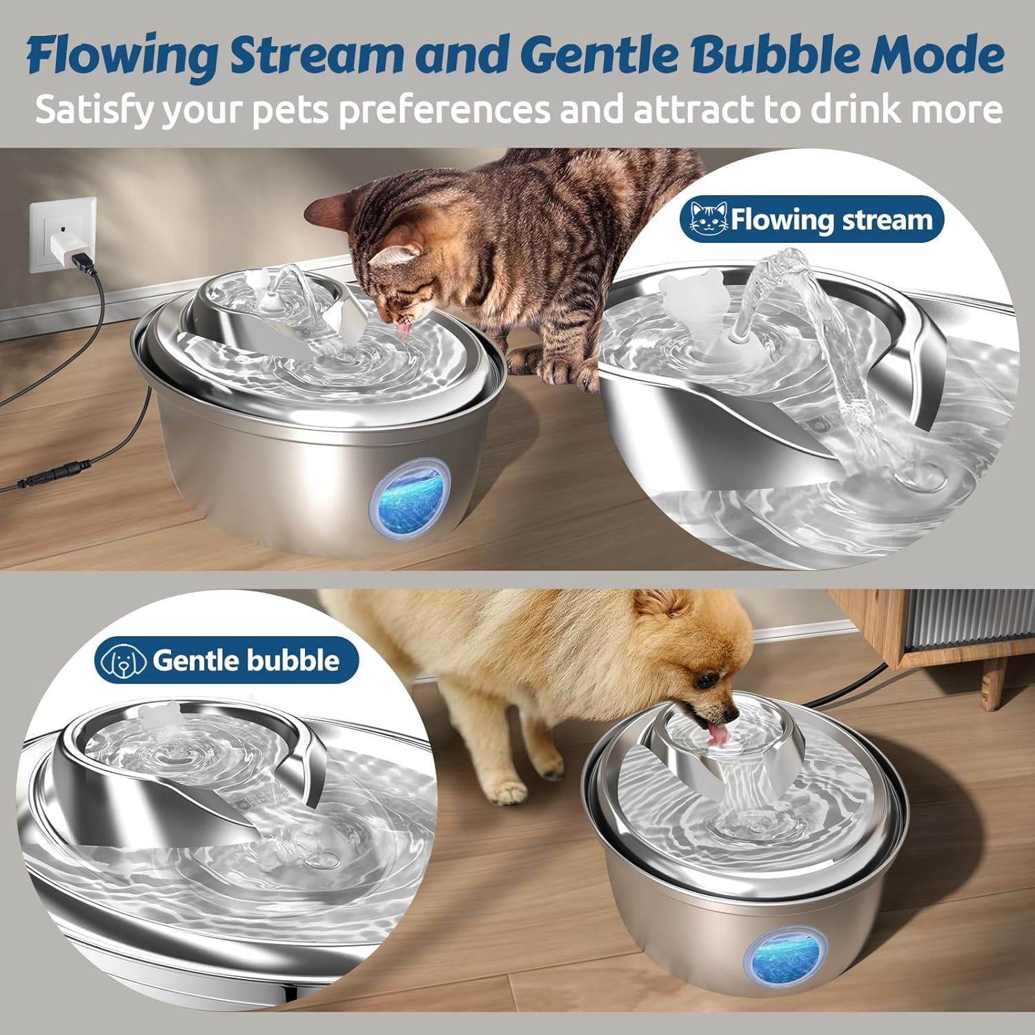 Stainless Steel Cat Water Fountain, Automatic Pet Water Fountain, 100oz/3L Drinking Fountain Dog Water Dispenser with Water Level Window- 4Pcs Filters (D66)