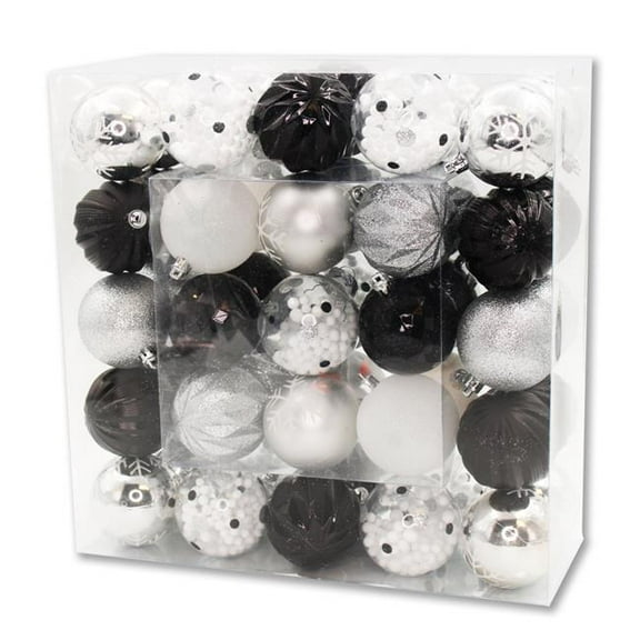 Queens of Christmas ORNPK-ASTB-BUF-50 2 in. Ball Ornaments, Black, White & Silver - Pack of 50