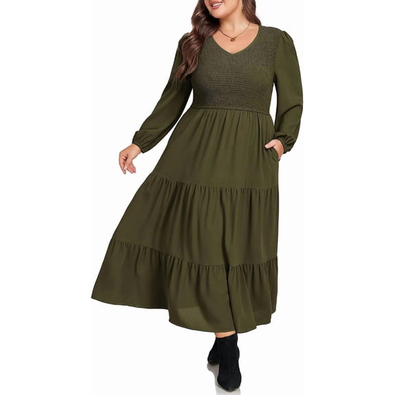 Women Plus Size Fall Dresses Long Sleeve V Neck Dress Maxi Casual Flowy Tiered 2026 Dress with Pockets