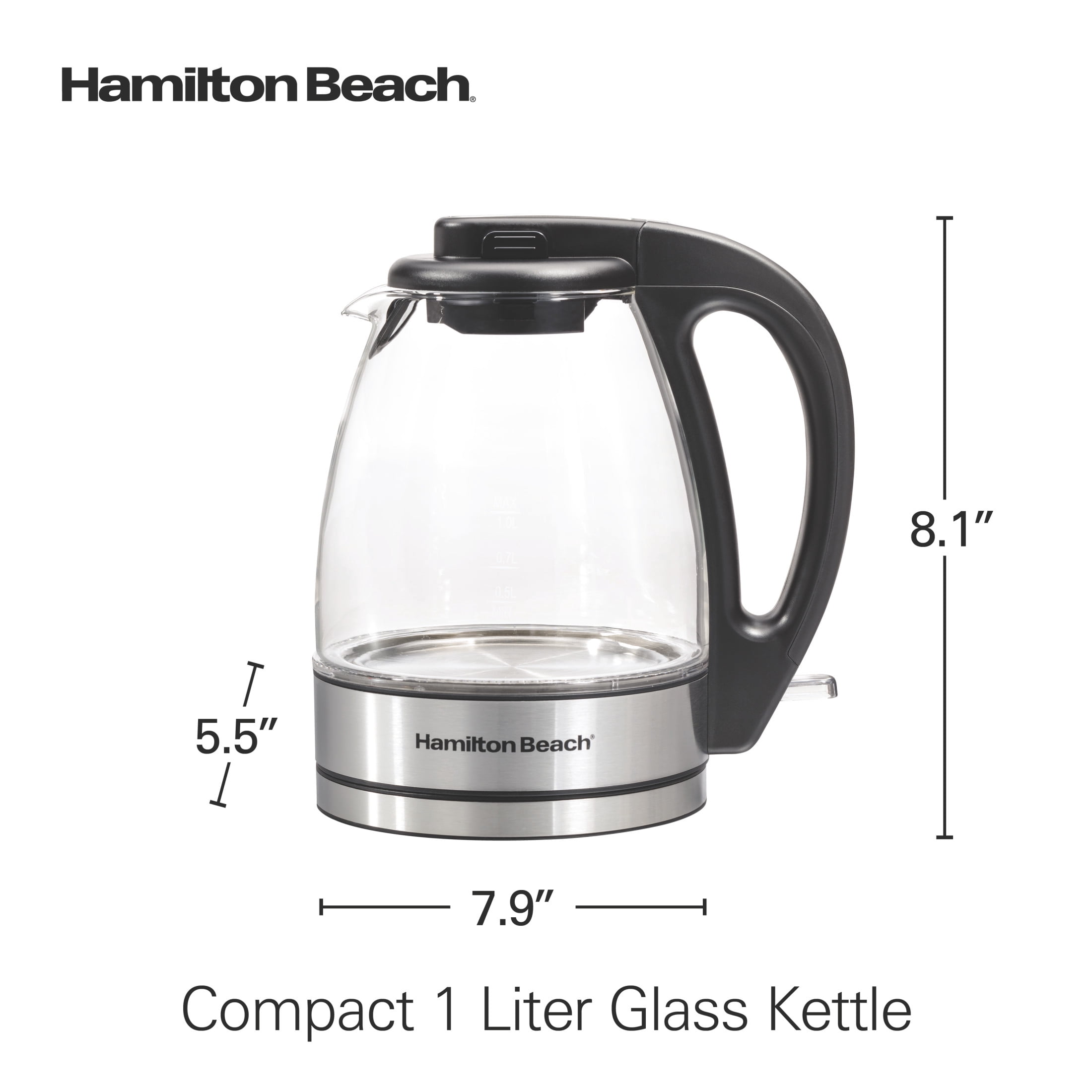 Hamilton Beach Compact Glass Electric Kettle, Tea & Water Kettle, 1L, Stainless Steel & Black Accents