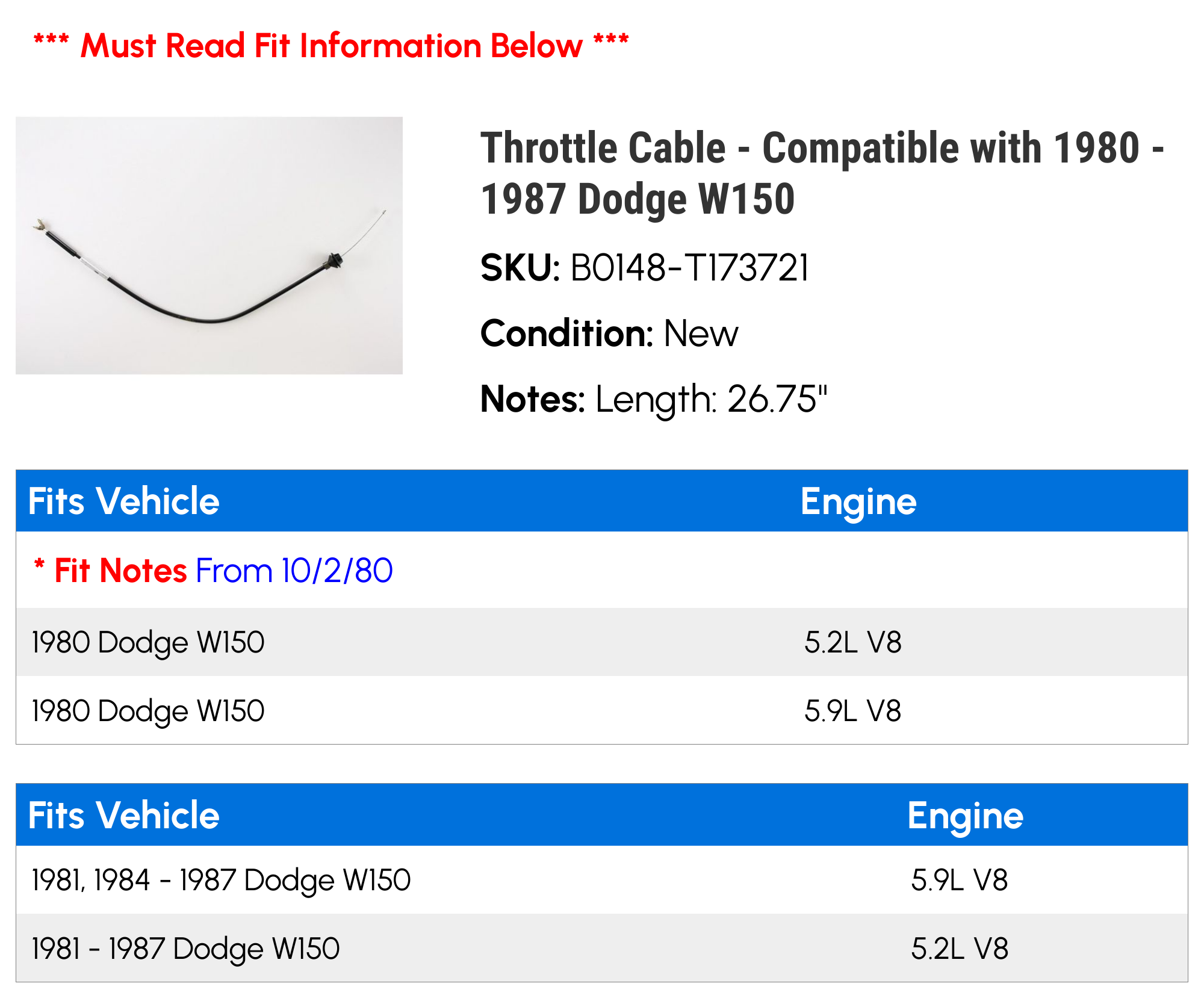 ATP Throttle Cable 29148PJ – For Dodge W150 1980-1987 – Carburetor Accelerator Cable