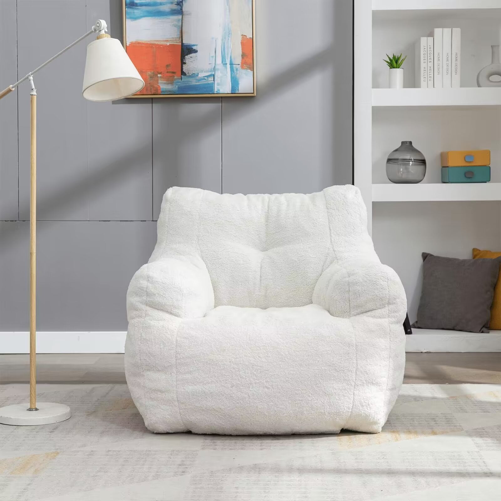 Lecut Bean Bag Chair Large Bean Bag Chair for Adults with Armrest Comfy Bean Bag Sofa with Foam Filling Fluffy Lazy Chair Soft Teddy Fabric Tufted Bean Bag for Dorm Bedroom Gaming White