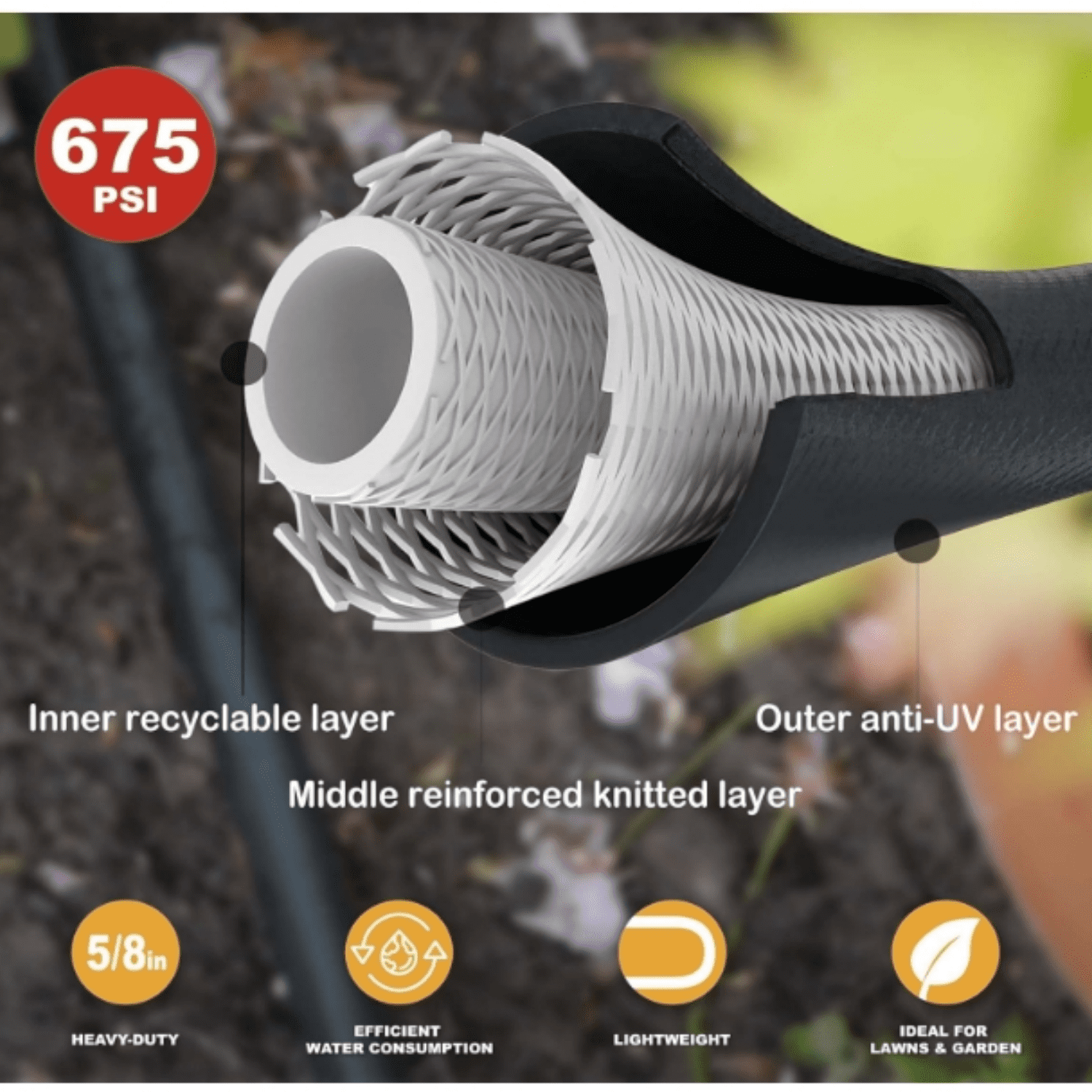 "Hybrid Garden Hose 50FT - 5/8"" Durable Sturdy and Functional Rubber Hose with Brass Fittings - UV Resistant Leak Proof for Large Gardens and Outdoor Use "