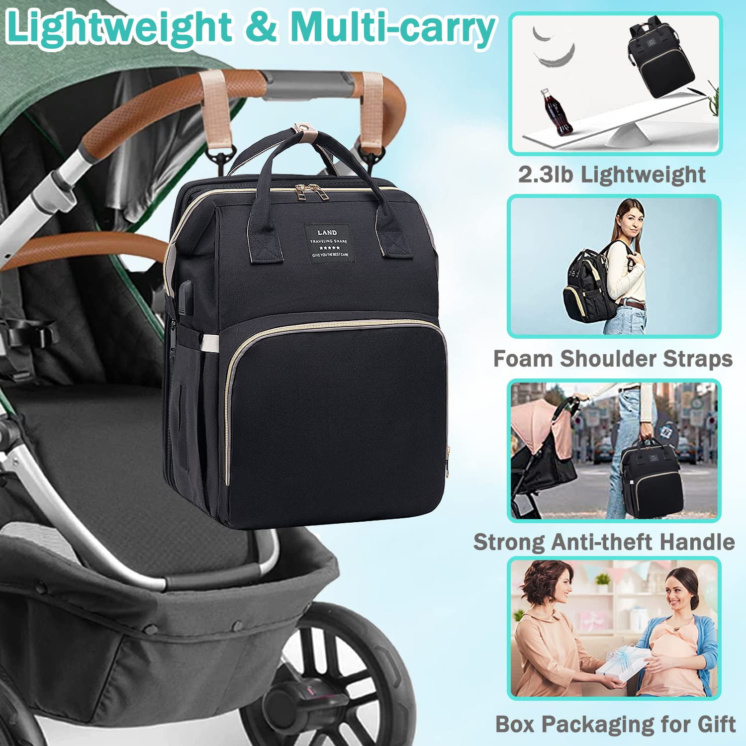 8-in-1 Travel Diaper Bag Backpack with Changing Station, Mosquito Net & Toy Bar - Waterproof, Large Capacity for Baby Girl/Boy