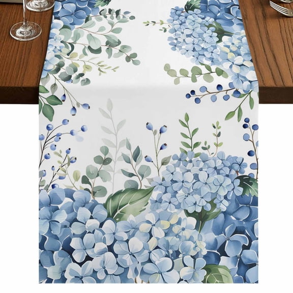 Blue Flower 120 Inch Table Runner, Sage Green Eucalyptus Leaves Farm Plant Farmhouse Dresser Scarf Cotton & Linen Tablerunner for Dining/Kitchen Island/Holiday Party Décor 13" x 120"