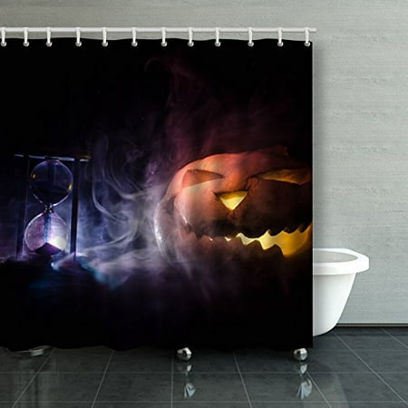 BPBOP Halloween Pumpkin Head Jack Lantern With Scary Evil Burning Candles Over Wooden Shower Curtain Bathroom Curtain 66x72 inches