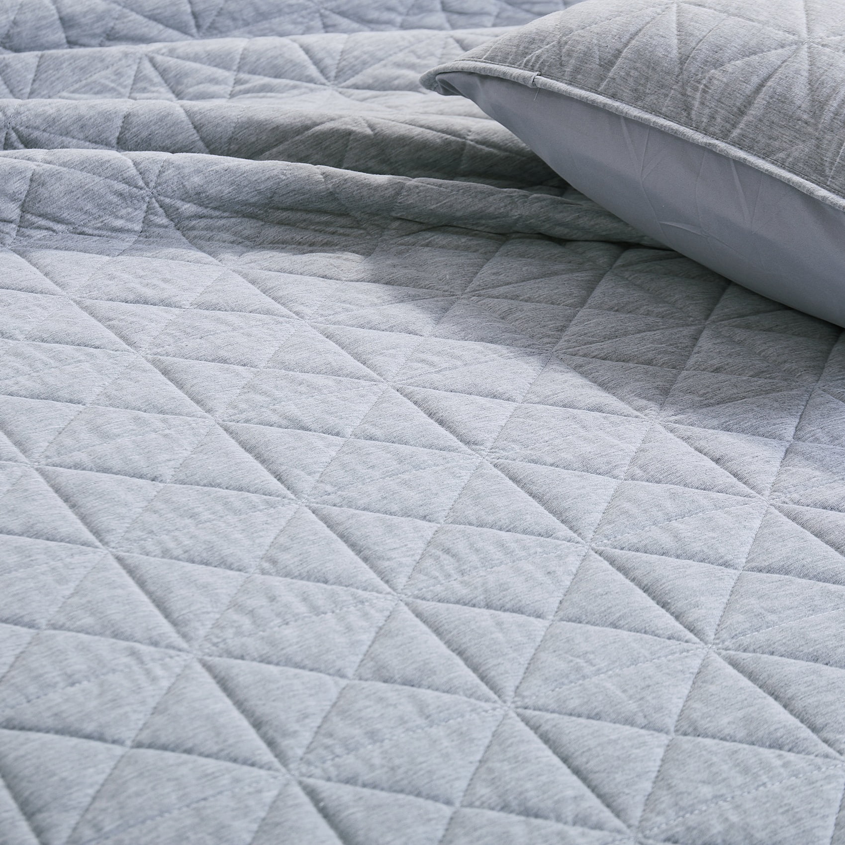 Chaps 3-Piece Jersey Knit Microfiber Quilt and Sham Set - Solid Coverlet Comforter - Grey - Size King