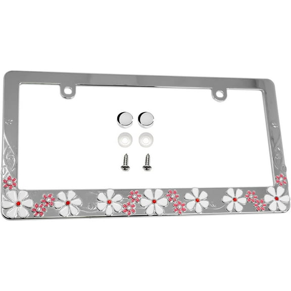 LFPartS Plumeria Flower Sparkle Crystal Bling Metal License Plate Frame (Chrome)