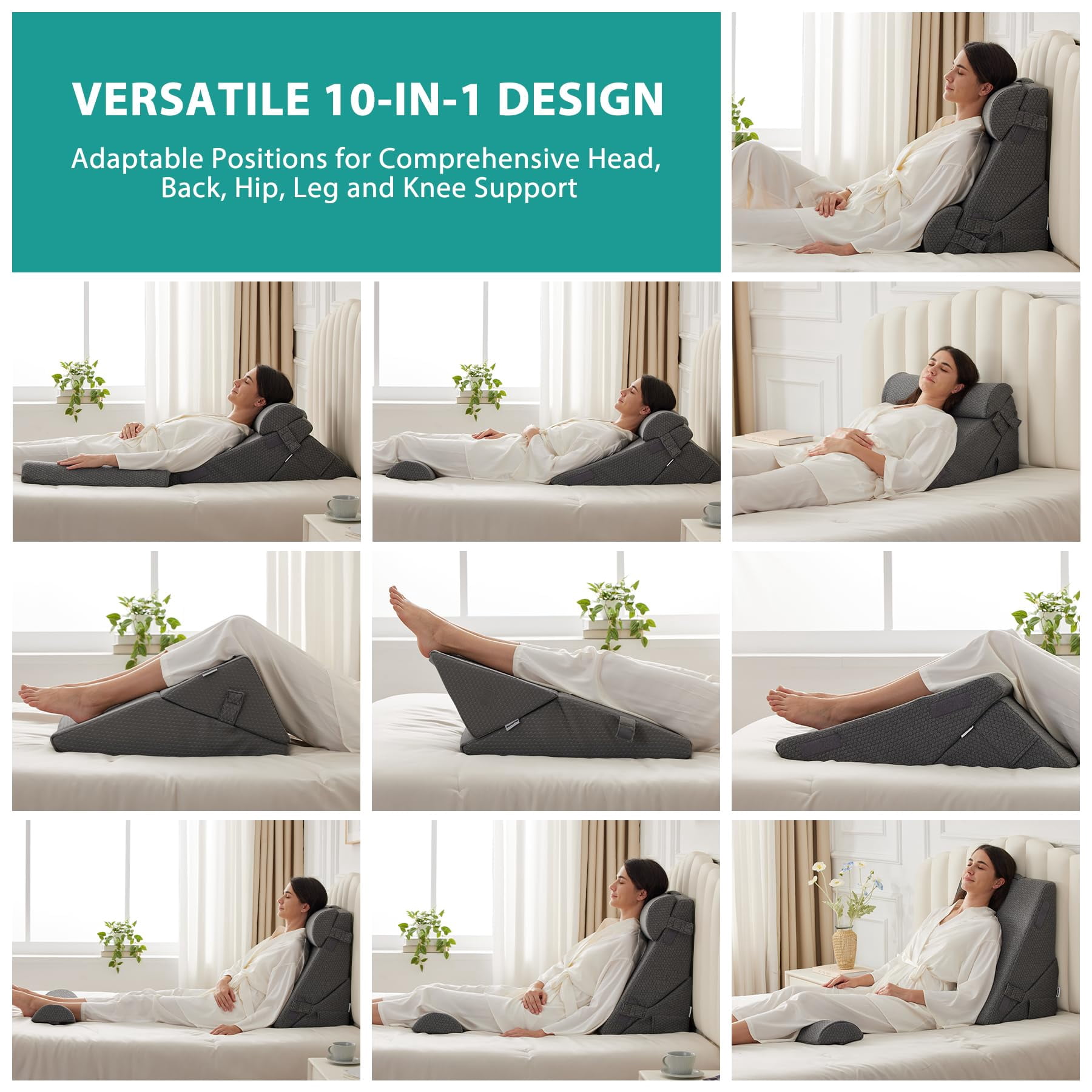 Adjustable 4pcs Bed Wedge Pillow Set  Memory Foam For Neck Leg Sleeping Sitting Up In Acid Reflux And Dark Grey
