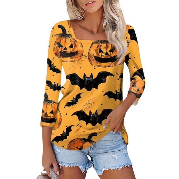 Camisa para mujer, moda informal, cuello cuadrado, manga 3/4, suelta, camiseta estampada de Halloween, top para mujer