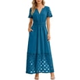thumbnail image 1 of Neewe Robe Maxi d'Été pour Femmes, Ample, Unie, Col en V, Manches Courtes, Tunique, Taille Plissée, Décontractée, Longueur Cheville, Ourlet en Dentelle, 1 of 7