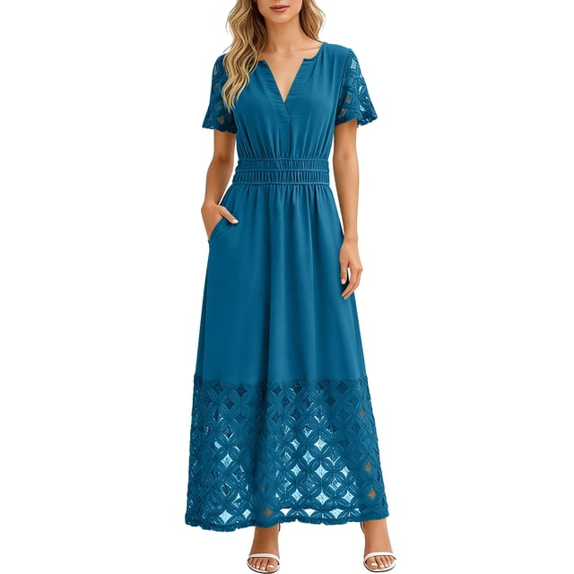 Neewe Robe Maxi d'Été pour Femmes, Ample, Unie, Col en V, Manches Courtes, Tunique, Taille Plissée, Décontractée, Longueur Cheville, Ourlet en Dentelle