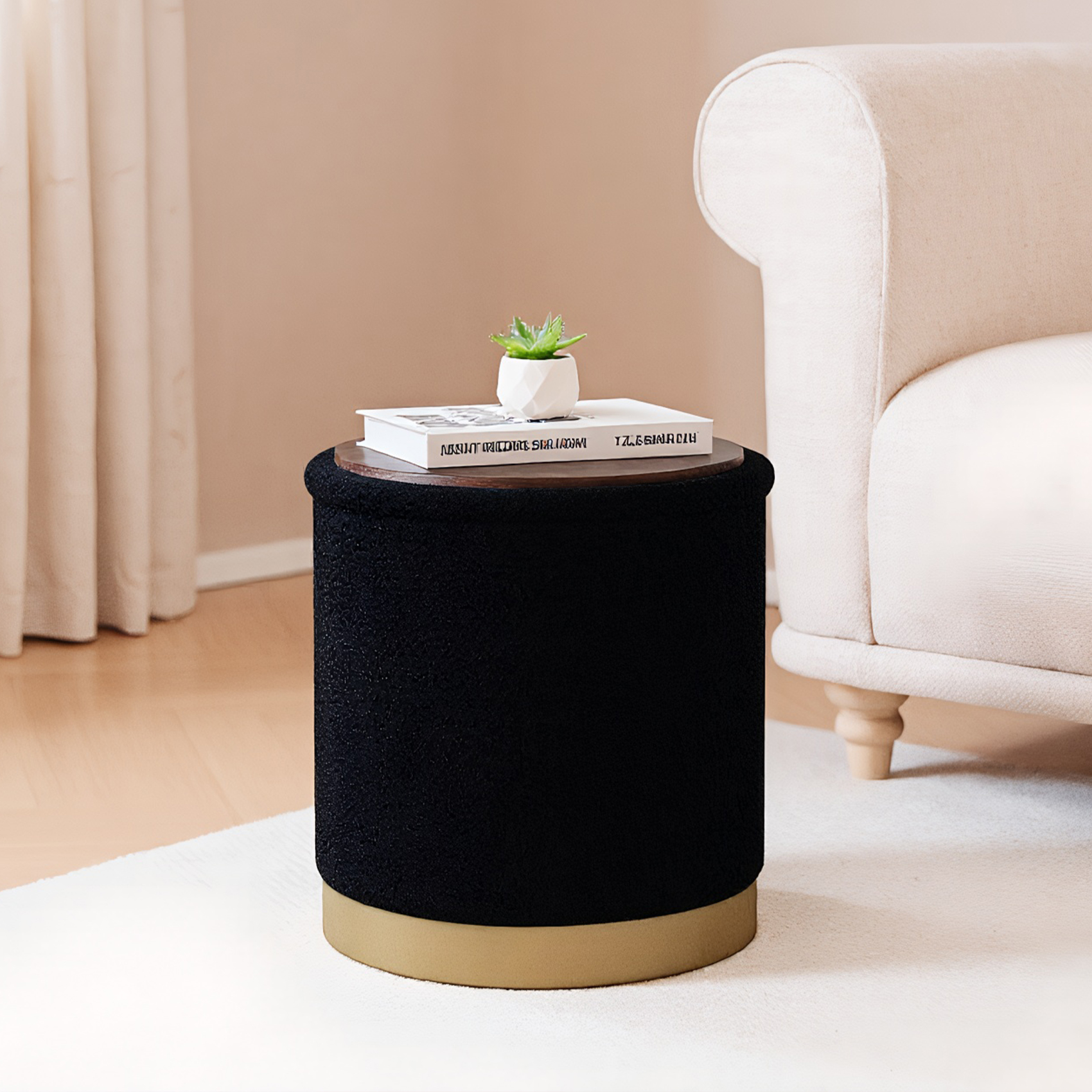 PINPLUS Round Storage Ottoman with Tray Gold Edge Stool Leg Folding Foot Rest for Living Room Black,Sherpa Fabric