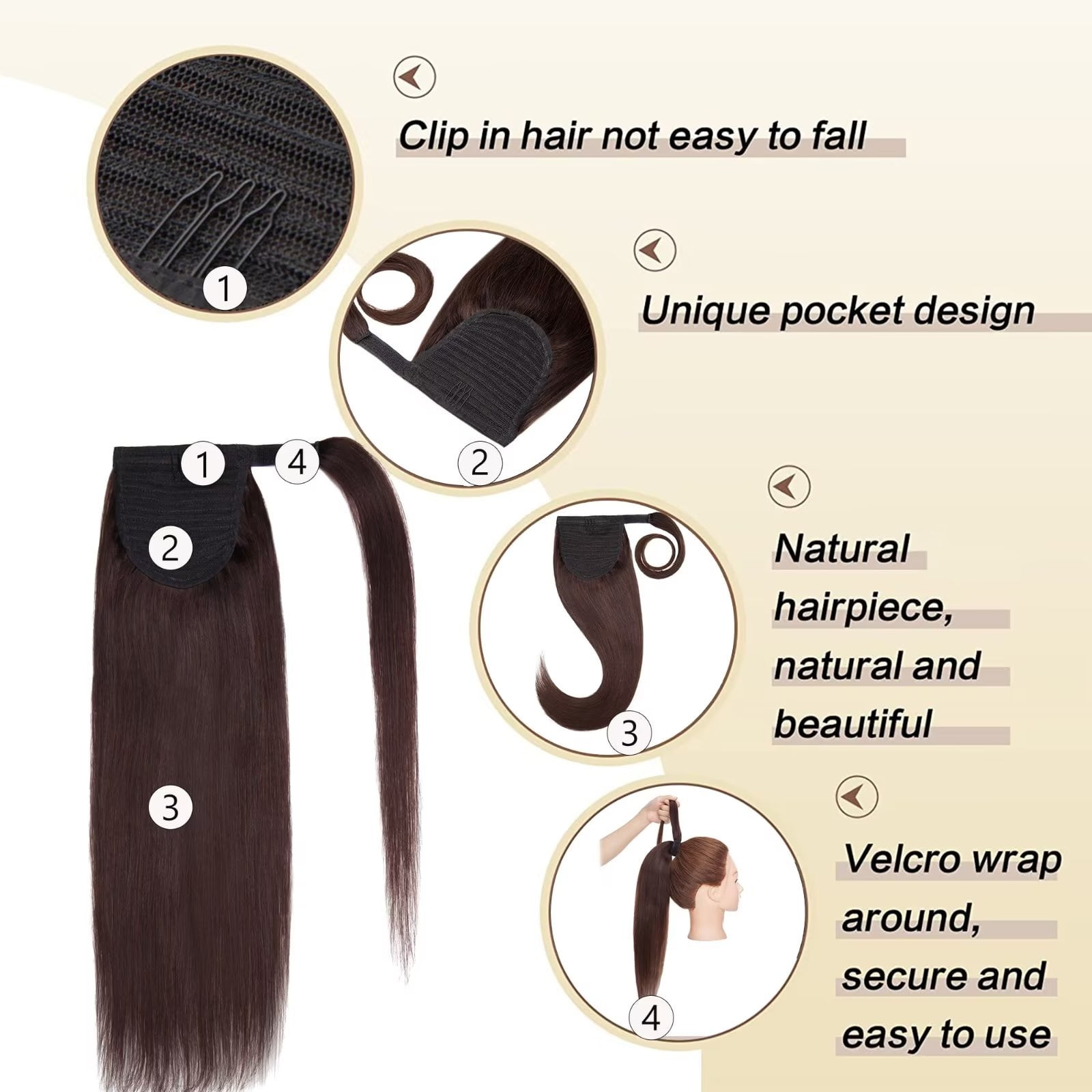 MY-LADY Remy Human Hair Extensions Ponytail Magic Paste Extensions Hair Wrap Around Ponytail Hair Piece Clip in Straight 14inch #02 Dark Brown
