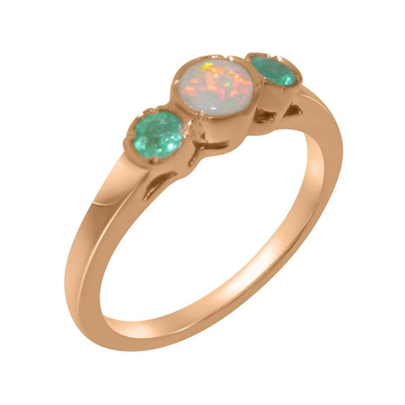 LBG British Made 18k Rose Gold Natural Opal & Emerald Womens Anniversary Ring - 33 size options - Size 5