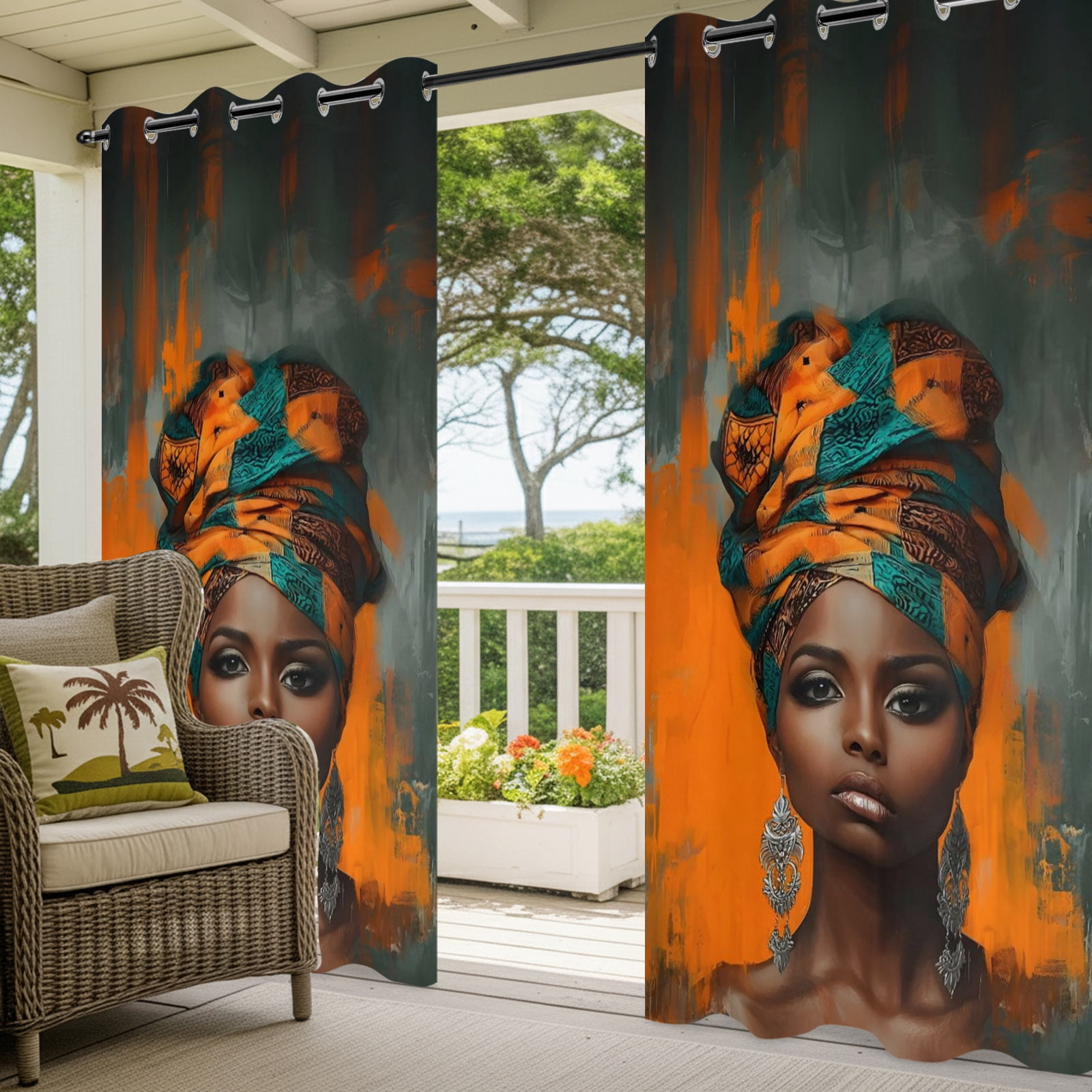 African Woman with Beauty Turban Outdoor Curtains for Patio, Portrait Orange Gray Graffiti Sunshade Privacy Drapes Grommet Waterproof Outside Curtains for Porch/Cabana/Balcony 54"x 108", 1 Panel