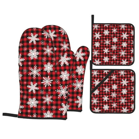 

Oven Mitts and Pot Holders 4 Piece Snowflake red plaid High Heat Slip Resistant Oven Mitt and Trivets Set Kitchen Oven Glove Pot Holders for Cooking Baking Grilling