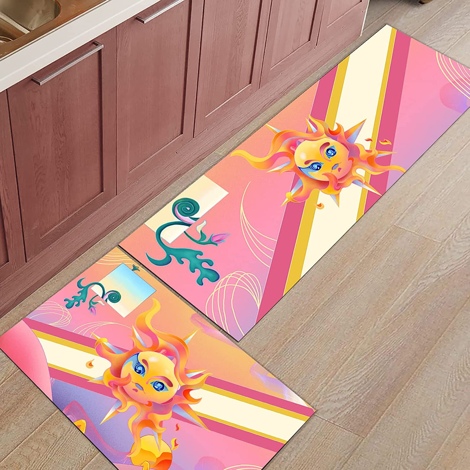 Sun Kitchen Rug Set 2 Piece, Non Slip Kitchen Rugs and Mats Cushioned