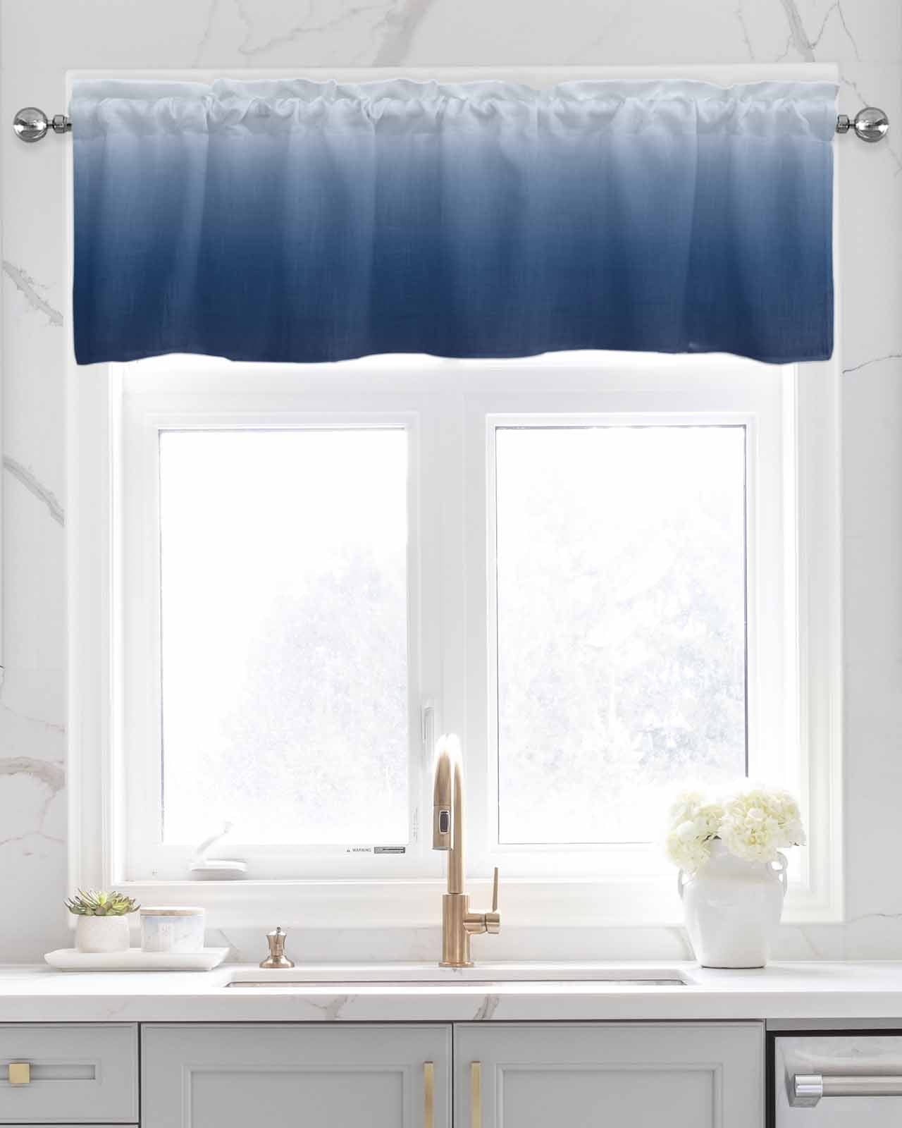 Navy Blue Ombre Kitchen Valances for Windows Farmhouse Linen Window Valance Curtain for Living Room Window Treatment Modern Abstract Art Gradient Aesthetics Valance Rod Pocket Topper, 42 x 12 Inch