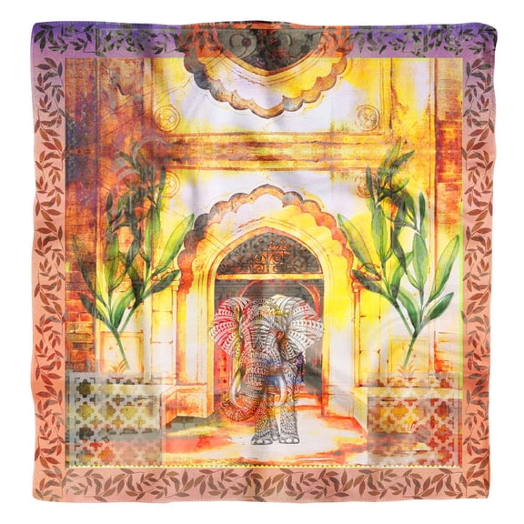 Phagun Yellow Elephant Mughal Pure Silk Printed Scarf Square Dupatta Head Neck Wrap Bandanas For Women