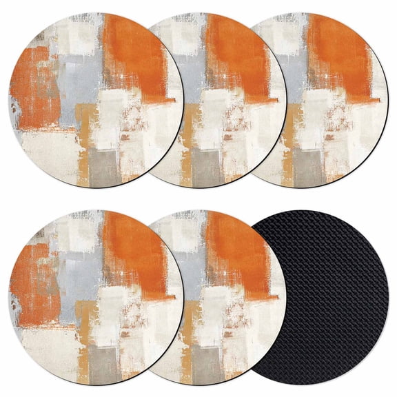 Burnt Orange Coasters Set of 6, Modern Geometric Grey Oil Painting Abstract Absorbent Coasters for Drinks, Coaster for Bar Office Dining Coffee Table Accessories Decor, Non Slip Round Desk Coaster