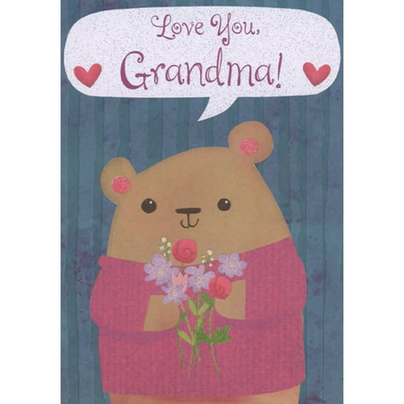 Designer Greetings Cute Bear in Pink Sweater Holding Sparkling Purple and Pink Flowers Juvenile Valentine's Day Card for Grandma