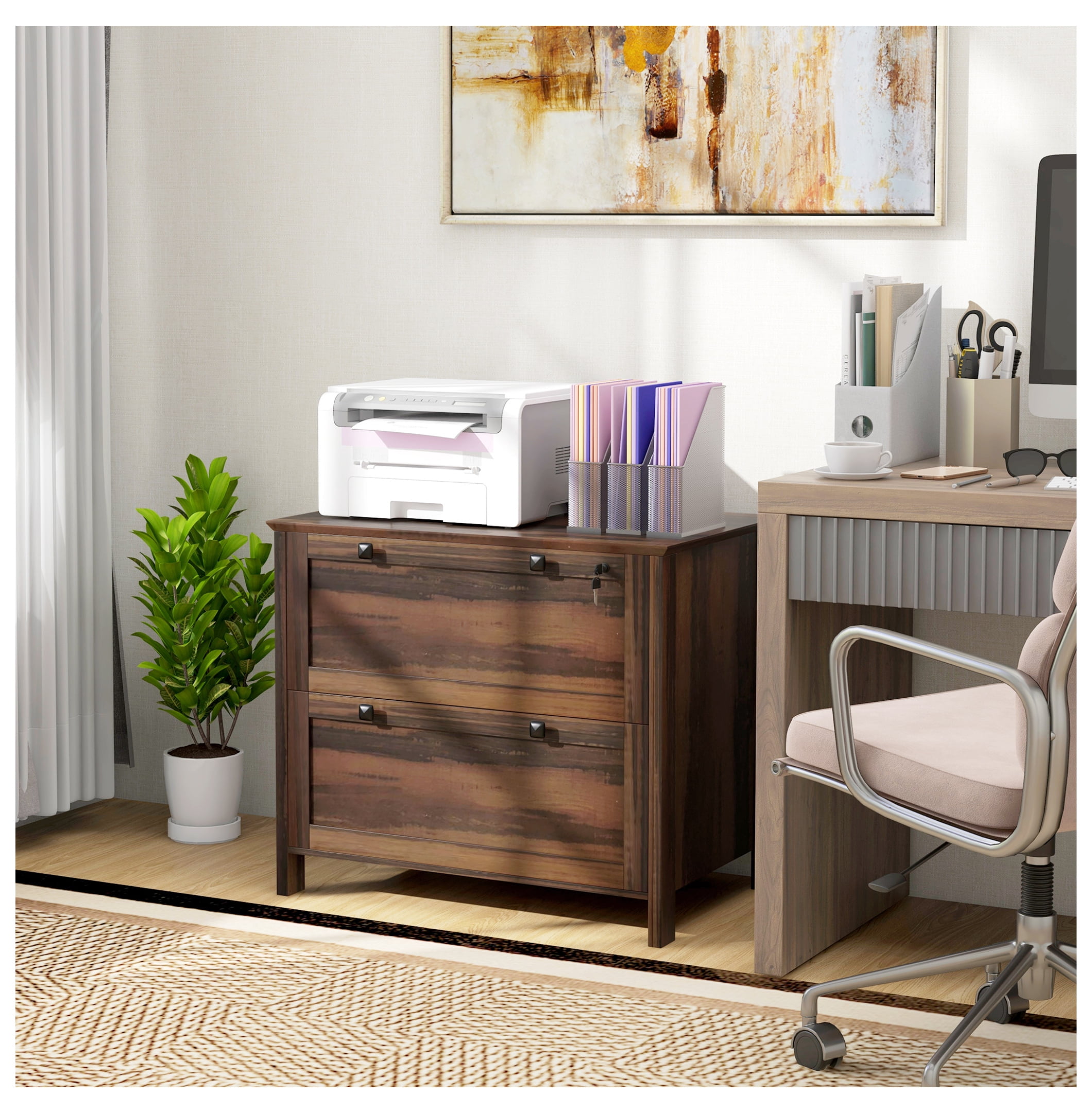 2 Drawer File Cabinet with Lock, Lateral Filing Cabinet with Keys and Adjustable Hanging Bar for Letter, A4 and Legal Size, File Cabinet for Home Office, Brown Brown + Particle Board