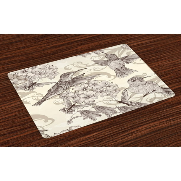 Hummingbirds Placemats Set of 4 Birds and Flowers Monochromic Classical