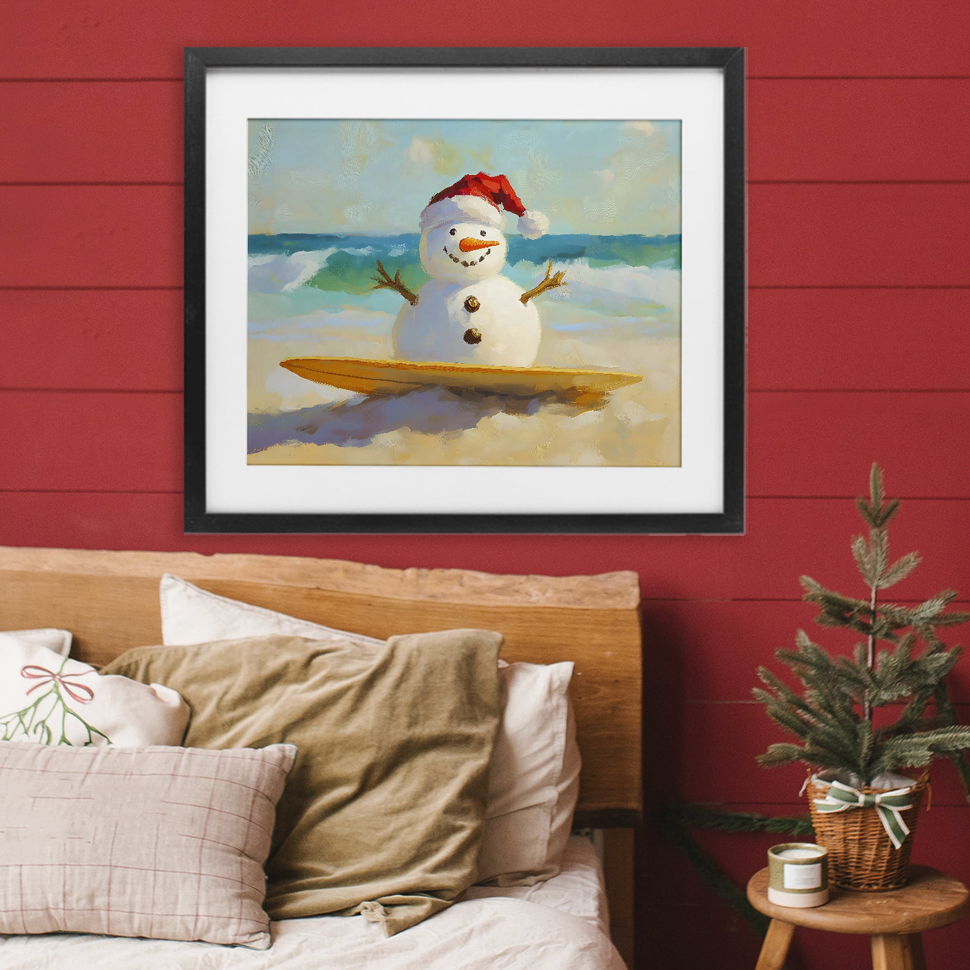Stupell Industries Surfer Snowman on Beach Black Framed Print Under Glass, design by The Prints Vibe
