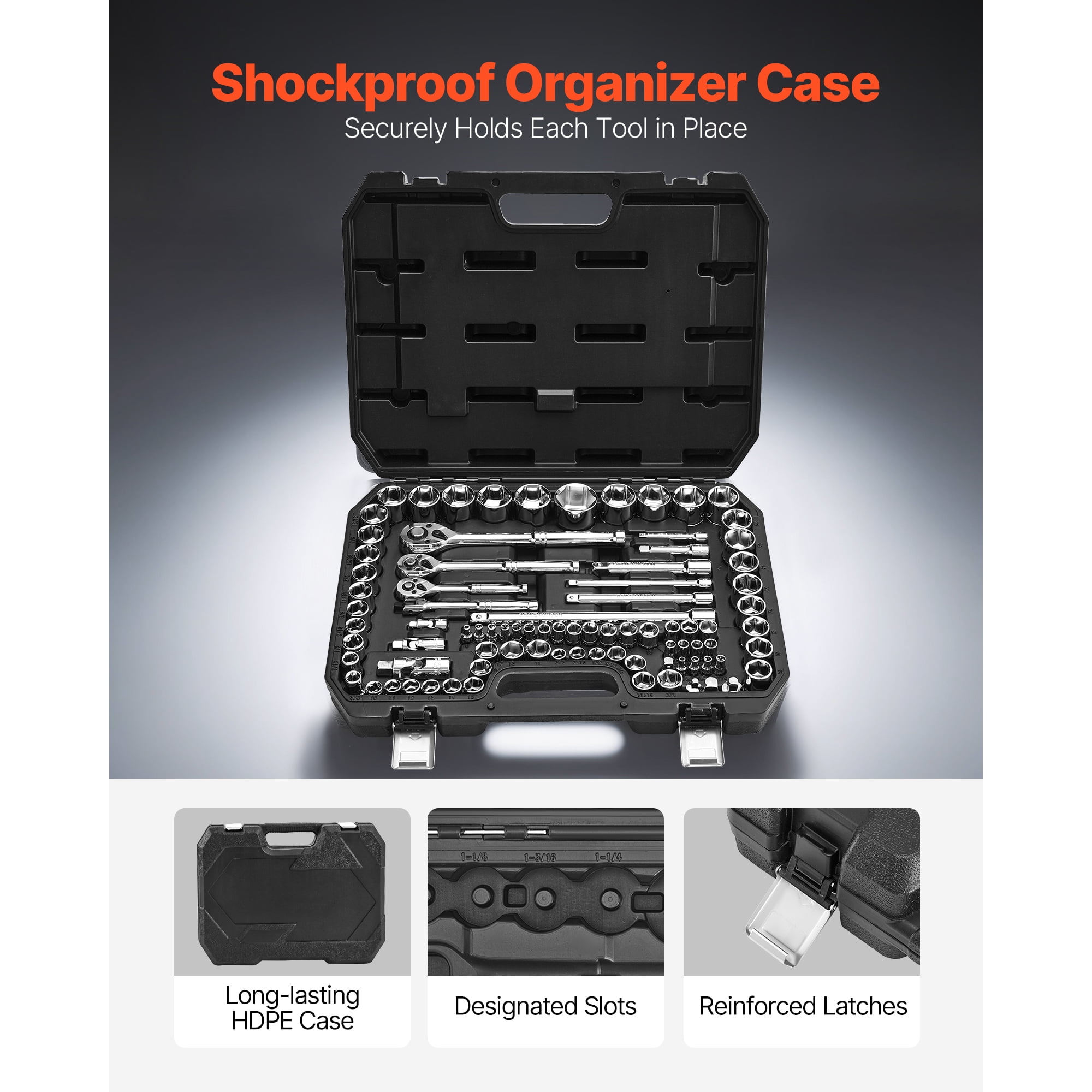 KFFKFF 86-Piece Socket Set, 3/8, 1/4, and 1/2 Inch Drive, SAE and Metric Sizes, Mechanic Tool Kit with Ratchet Wrenches, Accessories, and Durable Storage Case, Made of CR-V Alloy Steel