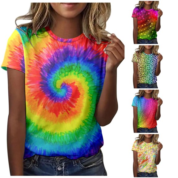 xfsWaSs Tie-Dye T Shirts for Women Crew Neck Graphic Tees Tie Dye T-Shrits Summer Short Sleeve T Shirt Top Fashion Clothes