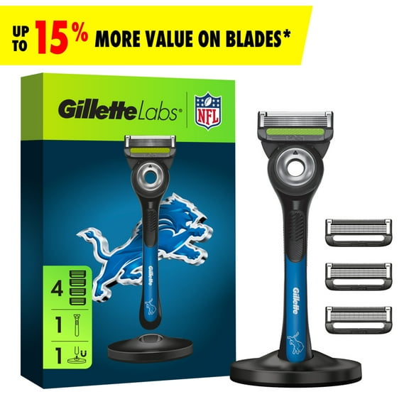 Gillette Labs Official Lions Licensed Razor for Men, 1 Handle, 4 Blade Refills, with Magnetic Stand, Perfect for Game Day Grooming, Gillette Labs with Exfoliating Bar