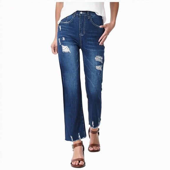 Gvdentm Straight Leg Women High Waisted Stretchy Frayed Raw Hem Loose Denim Pants Casual Baggy Jean Trousers