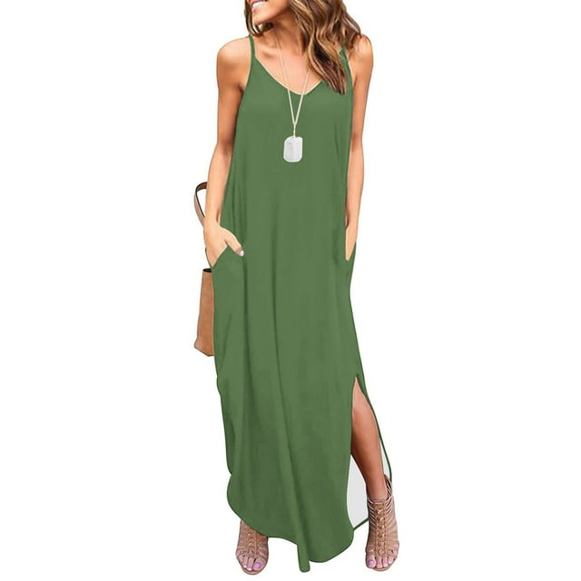 Robes d'Été pour Femmes 2023 Maxi Mode Femmes Décontracté Col en V Robes Unies Été Sans Manches Robe Pull Robes de Soirée pour Femmes Élégantes Élégantes en Solde