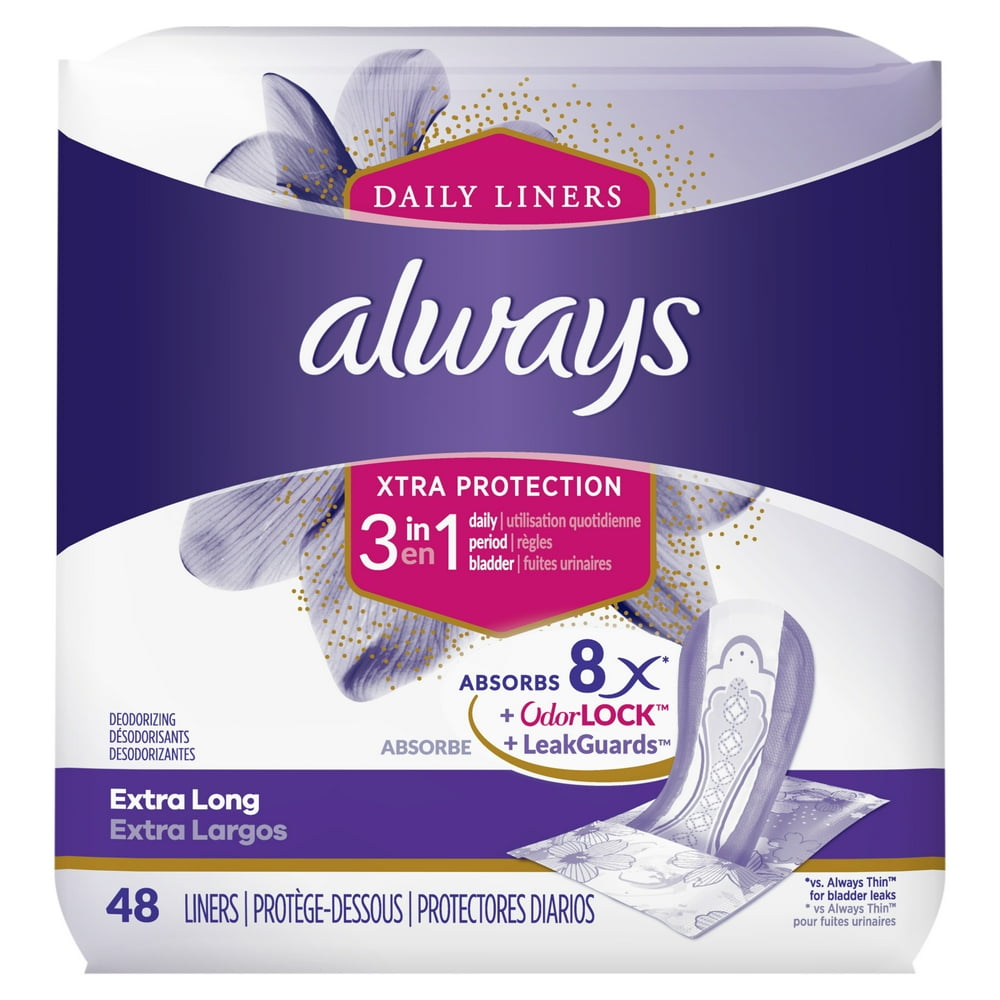 Always Xtra Protection 3in1 Daily Liners, Unscented, Ex Long, 48 ct