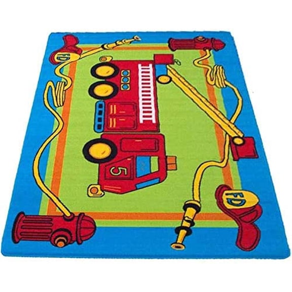 Fire Fighting TruckArea Rug 5' x 7' Children Area Rug for Playroom & Nursery - Non Skid Gel Backing (59" x 82")
