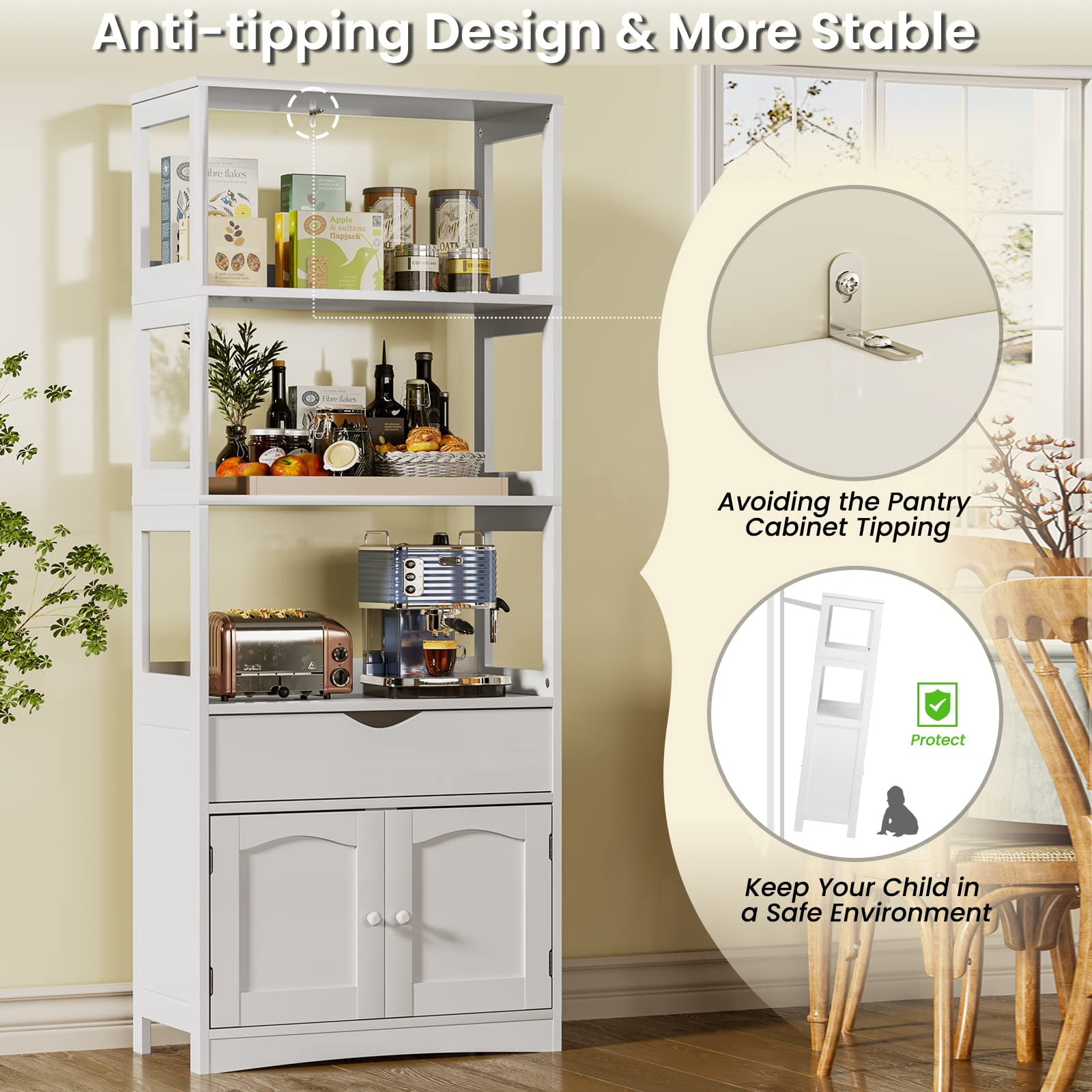 Tall Kitchen Pantry Cabinets with Microwave Shelf & Drawer, Bathroom Storage Cabinet/Sideboard Storage Cabinet for Home Office, White