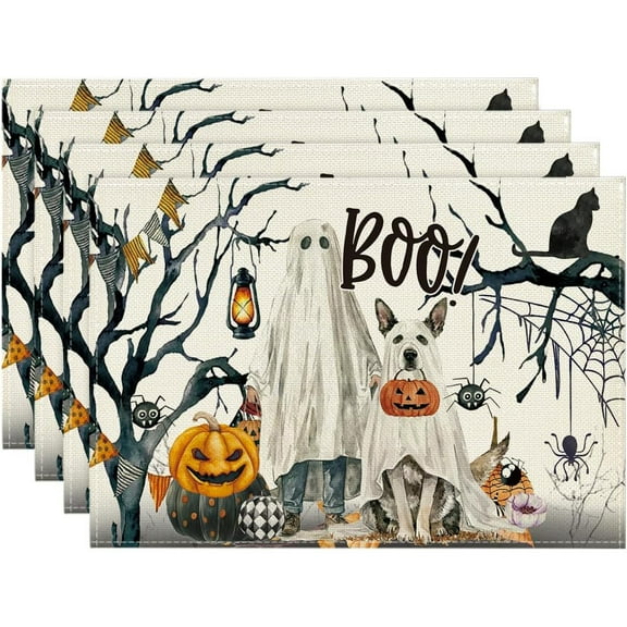 Ghost Pumpkins Tree Dog Boo Halloween Placemats Set of 4, 12x18 Inch Seasonal Fall Holiday Table Mats for Party Kitchen Dining Decoration