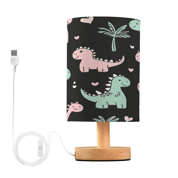 Pink and Green Dinosaurs Small Lamp Printed Gifts Table Lamp USB Bedside Desk Nightstand Lamp Wood Base for Bedroom Living Room Office Desk College Dorm