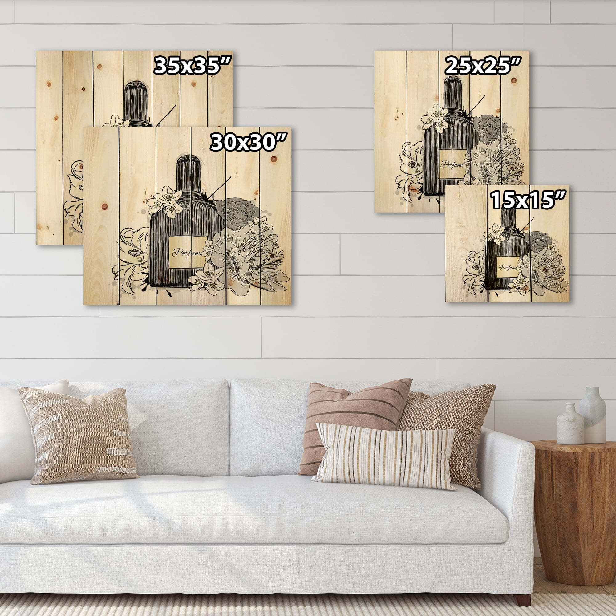 Designart 'Bouquet of Flowers and Perfume Bottle III' Traditional Print on Natural Pine Wood